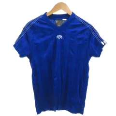 アディダス adidas Tシャツ 2XS 青 ブルー ロゴデザイン ボーダー柄 Vネック 半袖 /SC ■ECF005