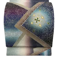 袋帯 名品 華文 花唐草 螺鈿 金銀彩 青緑 お太鼓柄 正絹 【中古】