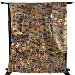 振袖 身丈166.5cm 裄丈66.5cm M 袷 桜 波頭 金糸 金彩 黒灰 正絹 秀品 【中古】