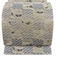 【美品】 袋帯 名品 関西仕立て 市松 波頭 金糸 ベージュ 六通 正絹 【中古】