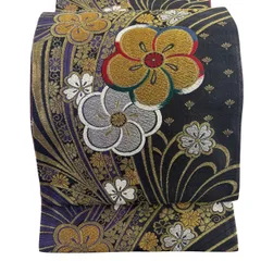 袋帯 秀品 梅 桜 金銀糸 唐織 墨色 六通 正絹 【中古】