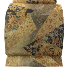 【美品】 袋帯 秀品 鳥 花唐草 金糸 箔 金色 六通 正絹 【中古】