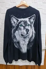 ヴィンテージ ブラック 狼 プリンティング 長袖 Tシャツ XLのサムネイル