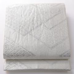 G5◇着物くつろぎ 夏物 幾何学模様 銀糸 白 六通 正絹 薄物 絽 紗 袋帯