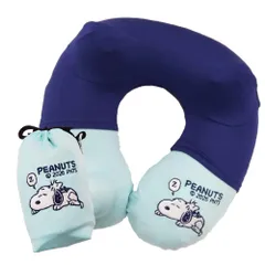 新品 SNOOPY ネックピロー 空気枕 エアー枕 旅行 飛行機 キャンプ バス 快適 ネックフィット 立体構造 ポンプ式 30秒 コンパクト 収納ポーチ付き スリープ ブルー