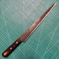 正広★塚原源権力★筋引き包丁★260mm★日本鋼★ハガネ★右利き用★片刃★木製柄★日本製★名門★プロ用★スライサー★肉切り★サビ包丁★研ぎ練習★サビ取り★DIY★リペア★レストア★再生ベース★要研ぎ★ジャンク★Masahiro★Suhibiki★Knifeのサムネイル