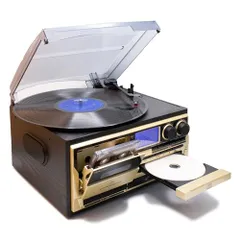 【新品】マルチレコードプレーヤー 多機能タイプ スピーカー内蔵 木目調 [回転速度3段階/レコード/CD/CD-R/RW/カセット再生/デジタル録音/AM・FMラジオ受信/リピート機能] EP/LP/SP盤再生 CD USB カセットテープ  cd649296