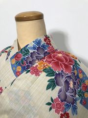 小千谷ちぢみ　着物　牡丹 ピンク ブルー本麻 小千谷ちぢみ 着物 牡丹 ピンク ブルー本麻 - メルカリ
