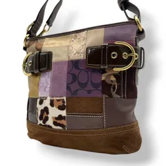美品 COACH コーチ ショルダーバッグ クロスボディ 斜め掛け パッチワーク シグネチャー キャンバス レザー スエード ハラコ 異素材 マルチカラー シルバー金具 レディース お出かけ デイリーユース ポシェット 鞄 カバン S84