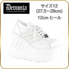 27.5 28 cm Demonia platform sneakers, white, women's and men's shoes, 12cm heel, wedge sole, matte finish, lace-up, brand, dad sneakers, dad shoes, for concerts, chunky sneakers, Korean style shoes.