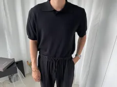 メンズ ブラック 半袖オープンカラー サマー Tシャツ ニットのサムネイル
