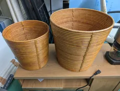 ラタン製　円柱型バスケットセット