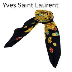 イヴサンローラン Yves Saint Laurent  シルクスカーフ ジュエリー柄 ブラック ゴールド 大判