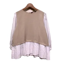 【中古】　ZARA　カットソー　長袖　トップス　クルーネック　バックボタン　無地　バイカラー　レイヤード風　ギャザー　マニッシュ　古着　/2151