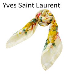 美品 イヴサンローラン 大判スカーフ 花柄 YSL ロゴ ベージュ 上品