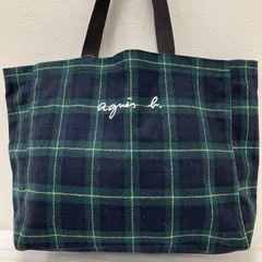 3699　agnes b. VOYAGE　アニエスベーボヤージュ　トートバッグ　ハンドバッグ　大容量　グリーン系　チェック柄　肩掛け　ロゴ入り　A4サイズ収納可能のサムネイル