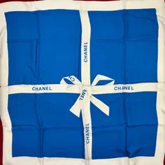 CHANEL シャネル スカーフ リボン柄 ココマーク ブルー×ホワイト×レッド シルク100% 【中古】ABランク 6_285のサムネイル