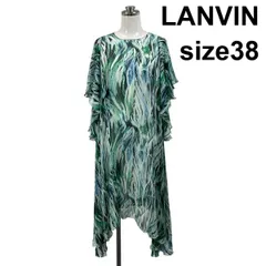 ◇ ランバン LANVIN ワンピース 五分袖 ミモレ丈 ラウンドネック ボタニカル柄 フリル 透け感 グリーン 絹 38 M 9号 レディース S6E514のサムネイル