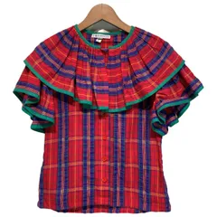 【中古】　LANVIN　チェックブラウス　半袖　シャツ　トップス　ビッグカラー　チェック　フルボタン　フレアスリーブ　イタリア製　古着　/1905のサムネイル