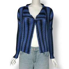 極美品 ISSEY MIYAKE イッセイミヤケ PLEATS PLEASE プリーツプリーズ カーディガン ブルー ストライプ柄 サイズ4