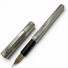 美品□Dunhill ダンヒル ヴィンテージ ペン先14K Fニブ バーレイ模様 キャップ式 万年筆ステーショナリー シルバー メンズ オススメ◎のサムネイル