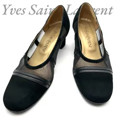【B5352】 Yves Saint Laurent イヴ サンローラン パンプス ラウンドトゥ ブラック メッシュ チャンキーヒール