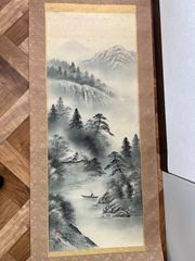 山水図 掛軸 落款有 肉筆 山水画 水墨画 風景画 和室床の間飾り 掛軸 彩色山水図 肉筆 掛け軸 山水画 日本画 在銘 古美術 和風