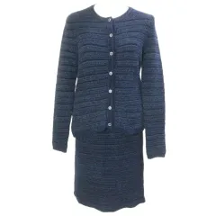ナラカミーチェ NARA CAMICIE 美品 ニット セットアップ カーディガン 長袖 スカート ひざ丈 タイト ペチコート付き ラメ I M相当 紺 ネイビー /Xのサムネイル