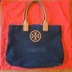TORY BURCH トリーバーチ キャンバストートバッグ／ ネイビー 花柄裏地 レザー