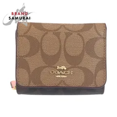 美品 COACH コーチ シグネチャー ベージュ ブラウン ピンク ゴールド金具 レザー F78081 折り財布 コンパクトウォレット レディース 601982【中古】