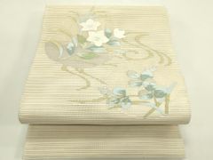 名古屋帯】夏帯 絽塩瀬 洗える 白色系 卯の花色に水色の菖蒲 薄物 盛夏 