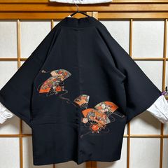 【ヴィンテージ】羽織 着物カーディガン ジャガード 総柄 和柄 黒赤白 レトロ vintage 着物カーディガン 羽織り ジャガード 花柄刺繍 総柄 ブラック