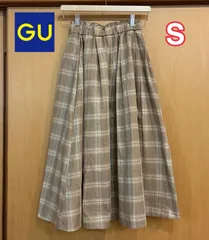 GU ジーユー　タフタフレアミディスカート チェック柄 S ベージュ 薄手　222-337474