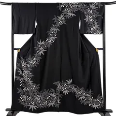 【美品】 訪問着 身丈158.5cm 裄丈66cm M 袷 笹 絞り 黒 正絹 秀品 【中古】のサムネイル