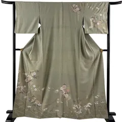 訪問着 身丈164cm 裄丈64cm M 袷 冊子 草花 金彩 ぼかし 灰緑 正絹 秀品 【中古】のサムネイル