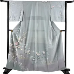 訪問着 身丈161cm 裄丈63cm S 袷 枝花 草花 ぼかし 灰緑 正絹 秀品 【中古】のサムネイル