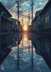 2721 황혼의 거리 풍경과 수경 반사가 아름다운 풍경화 포스터.