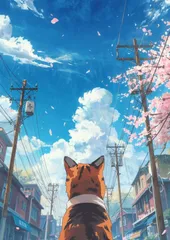 2728 桜舞う青空と猫の後ろ姿がエモいアニメ風の風景画ポスター。日本の美しい春を感じるおしゃれなインテリアアート。リビングや寝室に最適なA2サイズの壁掛けポスターで癒やしの空間を素敵に演出。