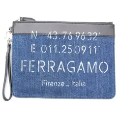 Salvatore Ferragamo (サルヴァトーレ フェラガモ) ガンチーニ デニム レザー クラッチ セカンドバッグ シルバー金具 インディゴ/ブラック 24A134のサムネイル