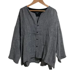 美品 pas de calais パドカレ ストライプ リネン ノーカラージャケット サイズ36 ネイビーグレー レディース 古着 中古 USEDのサムネイル