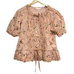 未使用級 へっぽこ先生 総レース 花柄 シアーフリルブラウス ピンク