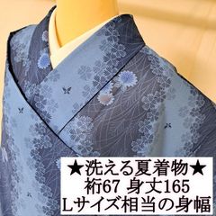 美品 洗える着物 付下げ 夏着物 裄67 L 青 ブルー ハイビスカス 単衣