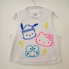 古着　レディースタンクトップ　サンリオ　HELLO KITTY AND FRIENDS ×ZUMBA  XSサイズ　ホワイト系　白色　ポッチャマ　キティー　ケロケロけろっぴ　ズンバ　キャラクタータンクトップのサムネイル