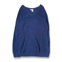 DKNY ネイビー メッシュ Vネック シースルー 長袖 ニット 2XLのサムネイル