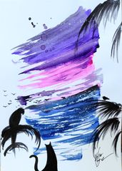 原画#547 黒猫 マスカット ワイン 水彩画 ドローイング イラスト