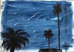原画#544 黒猫 鳥 ハワイ 海 星空 水彩画 ドローイング インテリア