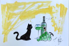 原画#547 黒猫 マスカット ワイン 水彩画 ドローイング イラスト