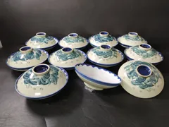 F22-01/染付淡翠釉浪双鯉魚絵蓋鉢 10客/骨董/蓋物/蓋茶碗/大鉢/小皿/向付/銘々皿/懐石料理/懐石道具のサムネイル