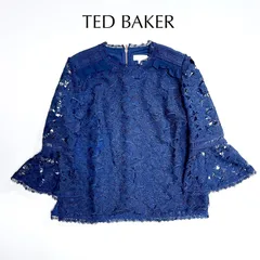 kU104 TED BAKER ショルダーフリル 総レース ブラウス 袖フリル ペプラム 花柄 レース ネイビー 紺 テッドベイカーのサムネイル