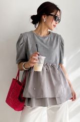 ナイロンデニムドッキングブルゾン ベージュ ｜ESICA系 配色ブルゾン